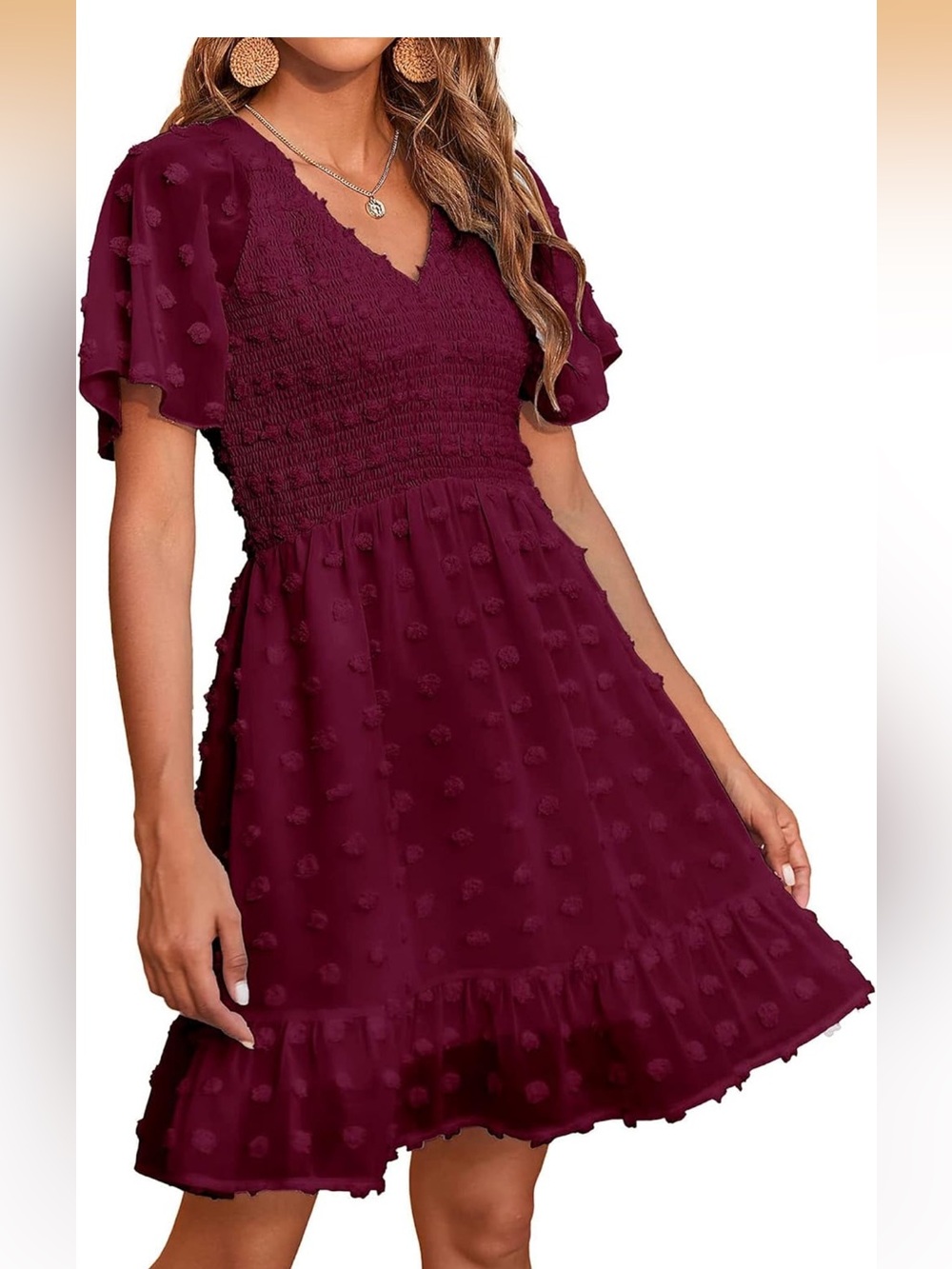Wine Red Swiss Dot Smocked Flutter Sleeve Dress XL 16-18
